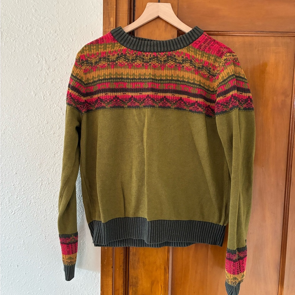 Aventura Olive and Pink Patterned Crew Neck Sweater